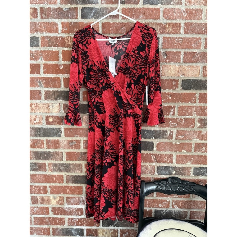 NEW Leota Black Red Floral Bell Sleeve Faux Wrap Tie Waist Dress Petite Medium